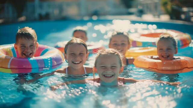 Children are happily swimming in a pool, showcasing vibrant floaties and laughter, capturing the essence of summer joy and friendship