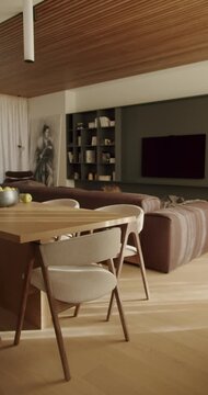 Modern living room interior with wooden furniture, comfortable sofa, dining table, and stylish decor. Natural light illuminates the space, creating a cozy and inviting ambiance.