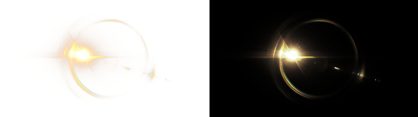 Warm golden cinematic lens flare with a bright light source and a large circular halo. Realistic optical effect isolated on a transparent background.