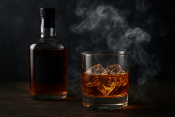 A glass whisky bottle and a tumbler with ice cubes on a wooden table against a backdrop of dark smoke
