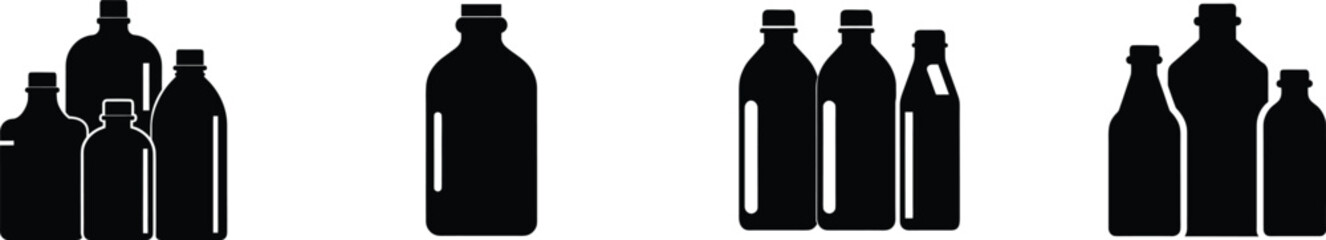 Diverse plastic bottles silhouettes grouped for various uses silhouette