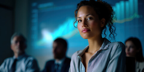 Confident businesswoman with curly hair in striped shirt attending meeting with blurred colleagues and financial chart