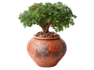 Growing money tree in clay pot savings investment concept, Isolated On White Background, Png Transparent
