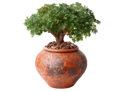 Growing money tree in clay pot savings investment concept, Isolated On White Background, Png Transparent