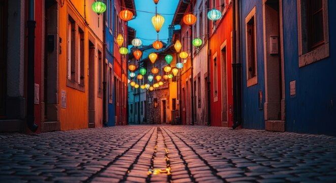 Colorful lanterns strung above old cobblestone street at dusk