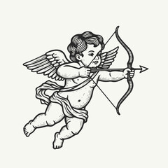 Flying cupid with bow and arrow in vintage engraving style. Love symbol illustration for Valentine's Day. Romantic graphic design for card