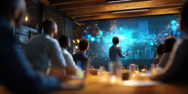 Digital data presentation modern conference room with diverse business team watching futuristic holographic display showing