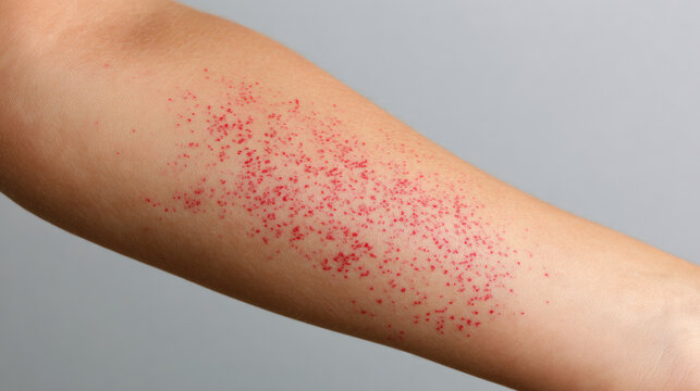 Petechiae a close-up of small, flat red spots  on the skin of an arm or leg. Neutral background. A symptom relevant to dengue fever. 