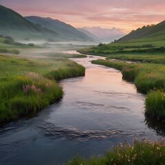 Calm Winding River at Sunrise with Misty Valley and Snowcapped Mountains | Ultra-Realistic 8K Landscape Photography.