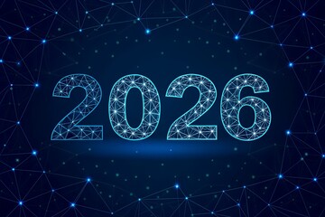 Futuristic glowing digital numbers 2026 illuminated against a dark blue starry background with a network of glowing lines and particles