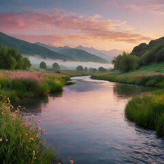 Calm Winding River at Sunrise with Misty Valley and Snowcapped Mountains | Ultra-Realistic 8K Landscape Photography.