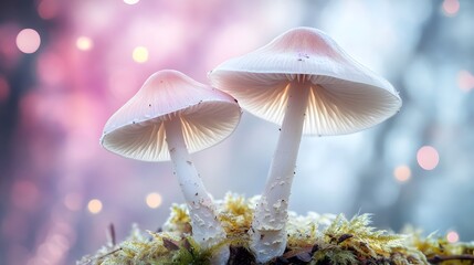 Enchanted Forest Mushrooms,  Two Delicate Pink Fungi on Moss