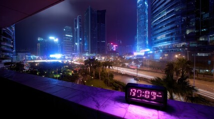 Digital clock in neon cityscape, modern time concept