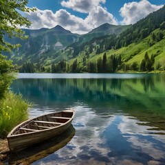 Serene Alpine Lake with Crystal Clear Reflections and Mountain Scenery Photography.