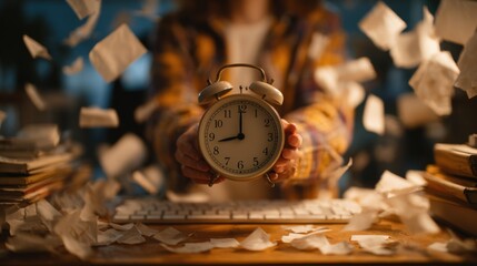 Female hands holding clock among chaos, time pressure, deadline