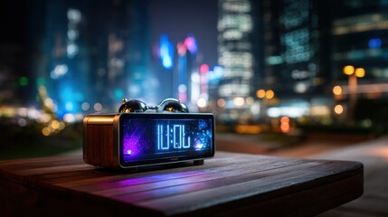 Digital clock in neon cityscape, modern time concept