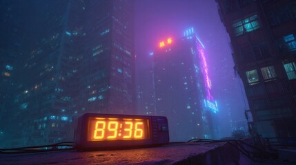 Digital clock in neon cityscape, modern time concept