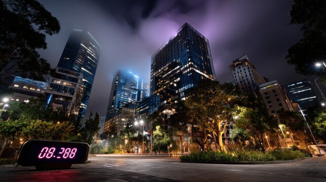 Digital clock in neon cityscape, modern time concept