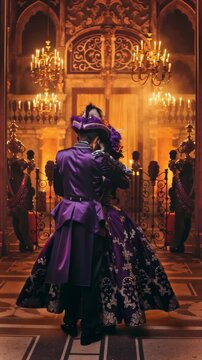 A man and woman in purple national costumes and makeup for the Day of the Dead celebration dance in a hall full of candles