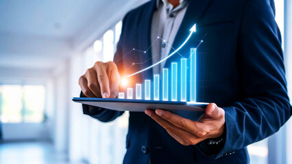 Businessman holding tablet with growth chart, symbolizing financial success, investment strategy, and career development in a corporate environment