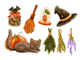 Watercolor Halloween clipart set with witch hat, cat, pumpkins, herbs, broomstick, and mystical autumn elements. Perfect for invitations, cards, and seasonal design