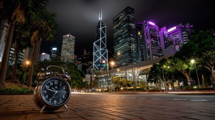 Digital clock in neon cityscape, modern time concept