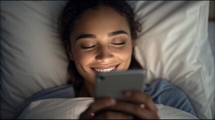 Mental health platform technology offers comfort and happiness as woman uses smartphone bed night, smiling and feeling relaxed, digital wellness