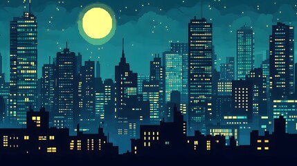 Pixel Art Cityscape Night Scene,  Illuminated Buildings and Moon