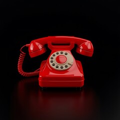 A vibrant red rotary phone with a coiled cord sits against a stark black background creating a retro feel