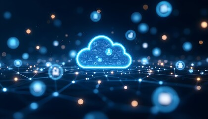 Cloud computing concept with floating data icons and soft glowing effects, light blue and white color palette .