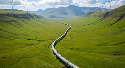 Long Pipeline Running Through Lush Green Valley with Distant Mountains and Wind Turbines Under Blue Sky