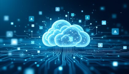 Cloud computing concept with floating data icons and soft glowing effects, light blue and white color palette .