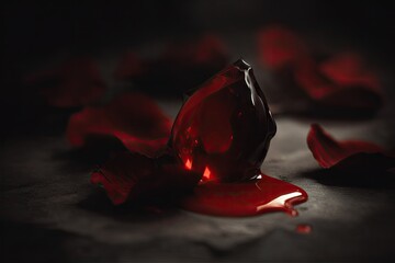 Dark, broken, crimson orb on rose petals