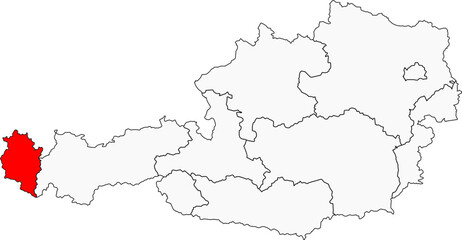 A detailed map of Austria highlighting the Vorarlberg state. Perfect for travel blogs, regional studies, or geographical projects.

