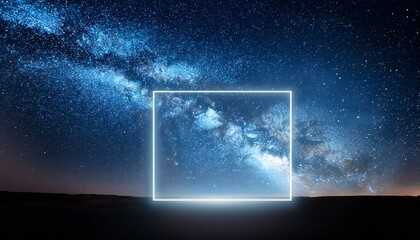 gazing into a deep dark void dotted with distant stars the scene is framed by glowing rectangular light hinting at something just beyond copy space