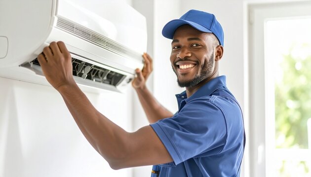 Professional HVAC technician in a blue uniform smiling while installing a new indoor air conditioner unit - Powered by Adobe