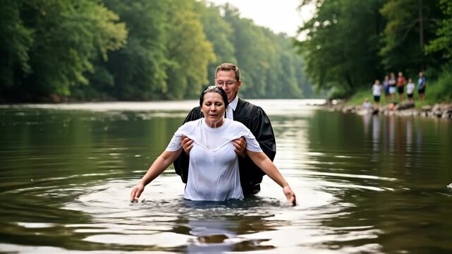River Baptism Ceremony - A pastor baptizes a woman in a calm river. Other people watch from the riverbank as the ceremony takes place amidst lush green trees.