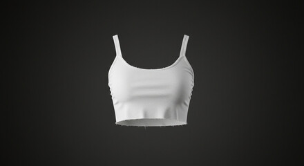A close-up studio shot showcases a pristine white crop top, suspended against a dark backdrop, highlighting its minimalist design and clean lines, perfect for fashion.