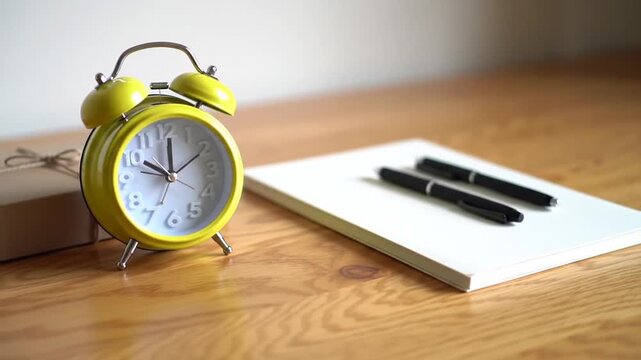 Yellow clock on desk with pens