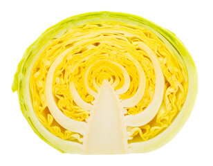 Sliced Yellow Cabbage Revealing Inner Layers, isolated on transparent background.