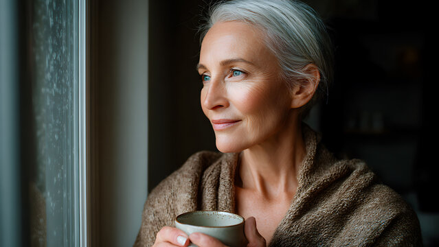 Serene woman enjoying coffee while gazing out a rain-streaked window.