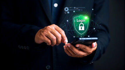 Businessman using smartphone with login and password to access personal data with a padlock icon, cybersecurity and data protection concept