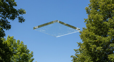 A kite soars gracefully in the clear, bright blue sky, its colorful design contrasting beautifully with the surrounding vibrant green foliage of the trees.