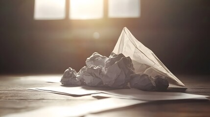 Crumbled Paper on Wooden Desk Near Window, Creative Writer's Workspace Concept