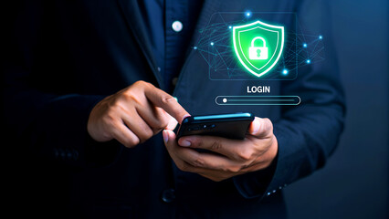 Businessman using smartphone with login and password to access personal data with a padlock icon, cybersecurity and data protection concept
