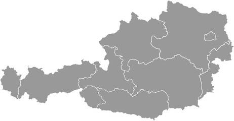 A professional, minimalist map of Austria showing all state borders in a modern grayscale color. Ideal for business reports or geographical data visualizations.

