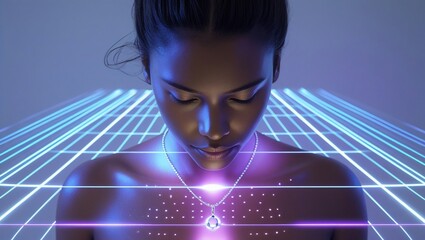 Serene Woman with Tech Glow, and Jewel Necklace.