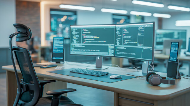 Modern programmer workstation with dual screen setup showcasing code in a contemporary office environment