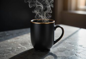 Matte Black Ceramic Coffee Mug with Gold Rim on Stone Surface – Studio Light