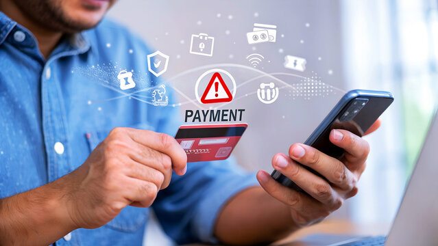 Man holding credit card and smartphone with payment error alert, highlighting online fraud and security risks in digital transactions